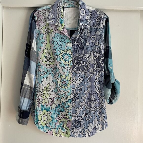 Cino SUNDANCE Floral Plaid Mixed Print Button Down Top Size S Blue Cotton - Picture 10 of 16